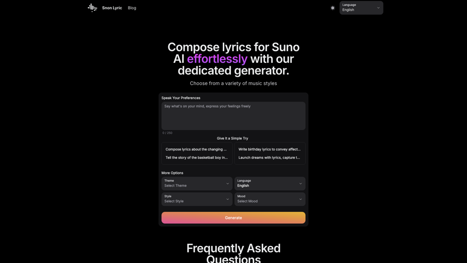 Sono Lyric - Effortlessly Create Lyrics for Suno AI