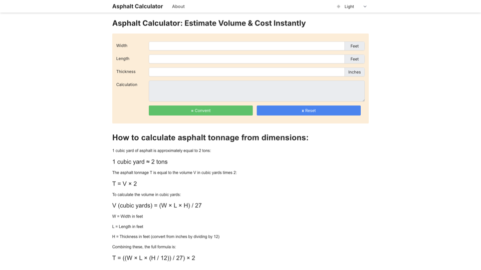 Asphalt Calculator | Free Online Tool for Accurate Asphalt Volume & Cost Estimation