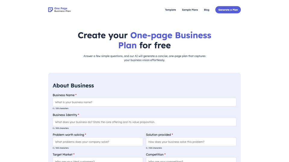 AI One Page Business Plan Generator | Ready in 10 Minutes AI One Page Business Plan Generator | Ready in 10 Minutes